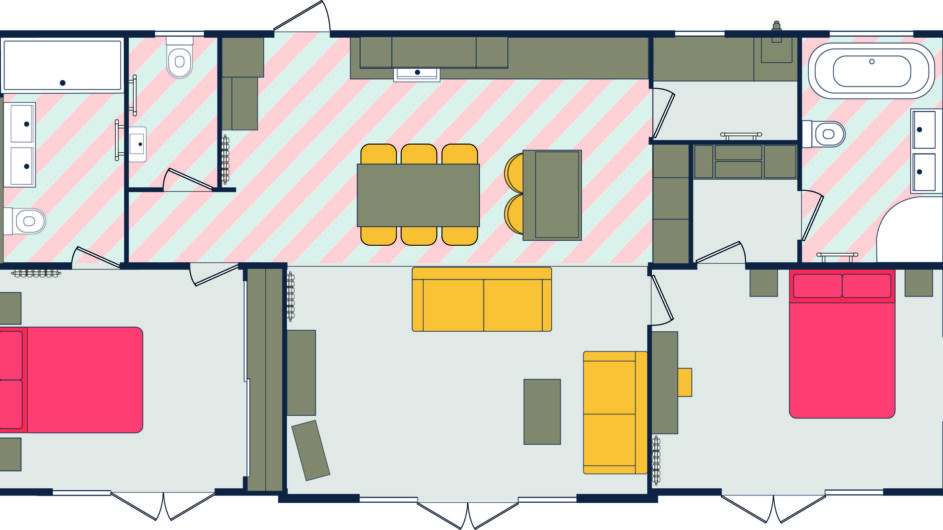 Sunseeker Highgate floor plan, 45x22 with centre-lounge layout